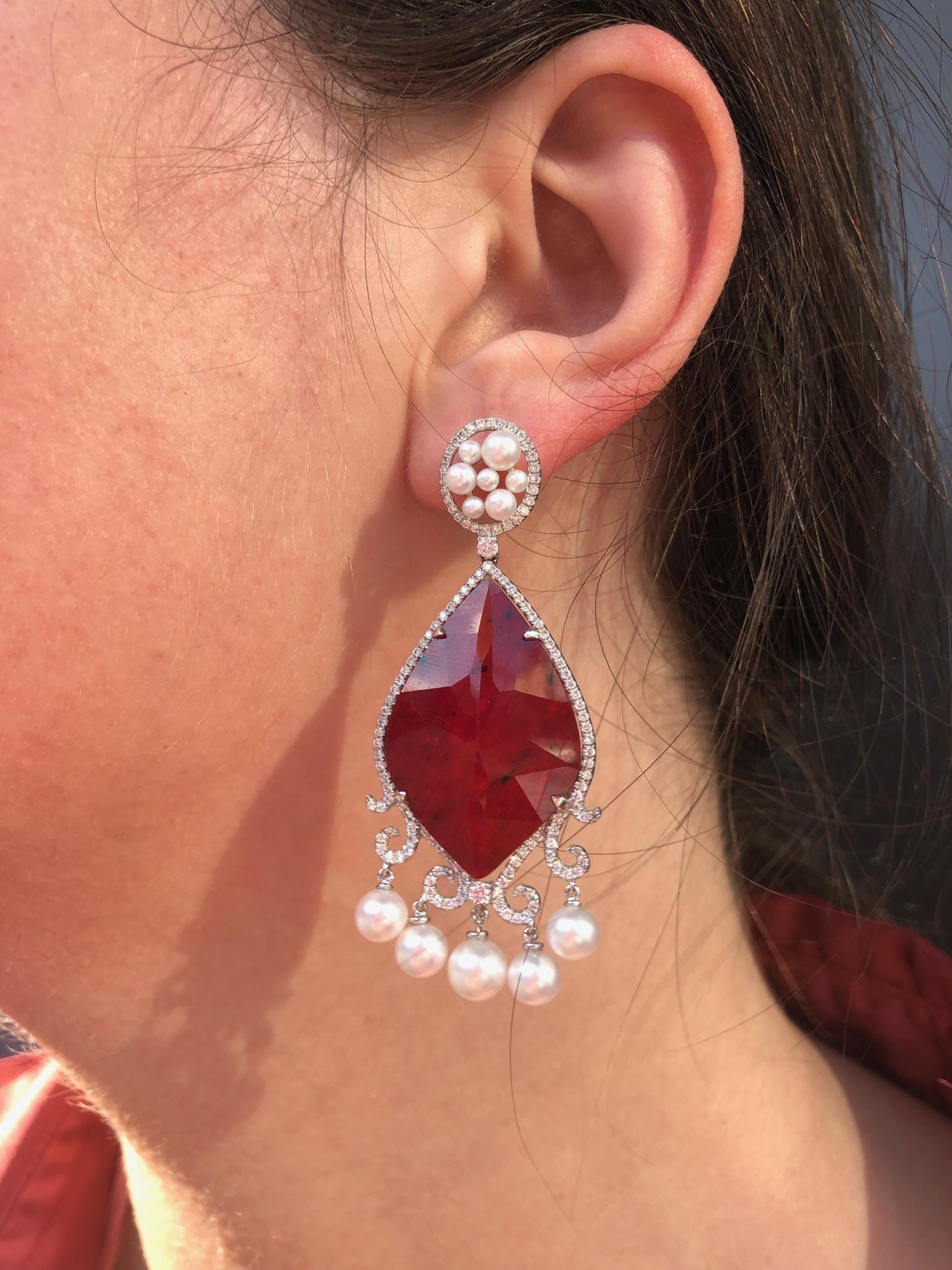 Natkina Pearl Ruby Diamond White Gold Baroque Chandelier Drop Earrings For Sale 2