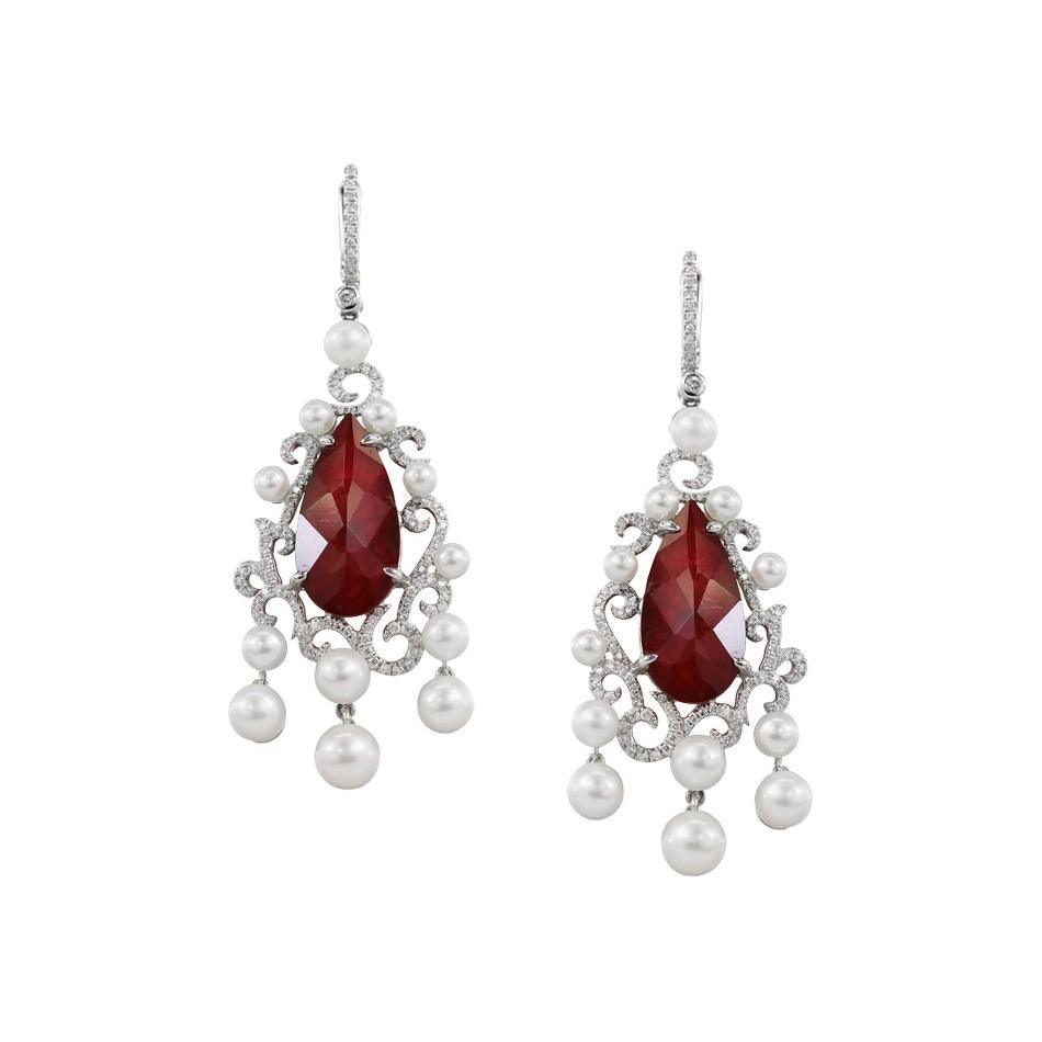 Natkina Pearl Ruby Diamond White Gold Baroque Chandelier Drop Earrings For Sale