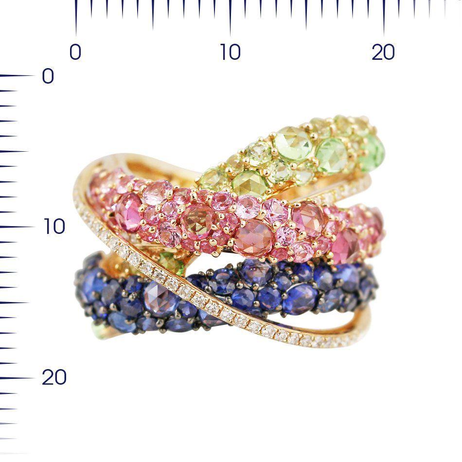 Gold 14K
Diamond 47-RND 0.18ct-I/1A
Pink Sapphire 34-0.72 ct
Sapphire 38-1.42 ct
Tourmaline 7-0.5 ct
Peridot 15-0.38ct
Tsavorite 7-0.48 ct
The interlacing of three rims of different shades of stones is so beautiful and special that all you need to