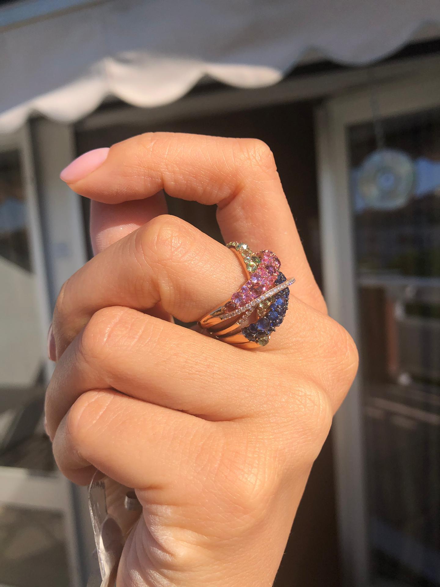 Modern Natkina Pink Blue Sapphire Tourmaline Peridot Tsavorite Rose Gold Ring For Sale