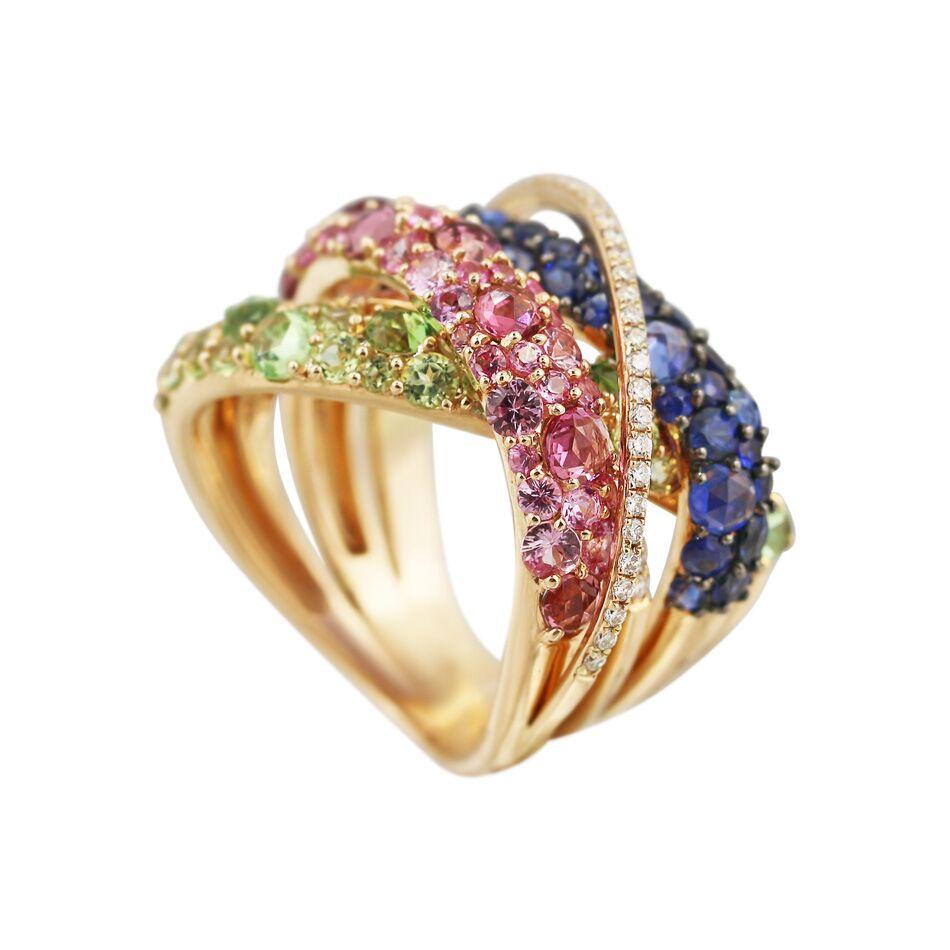 Natkina Pink Blue Sapphire Tourmaline Peridot Tsavorite Rose Gold Ring