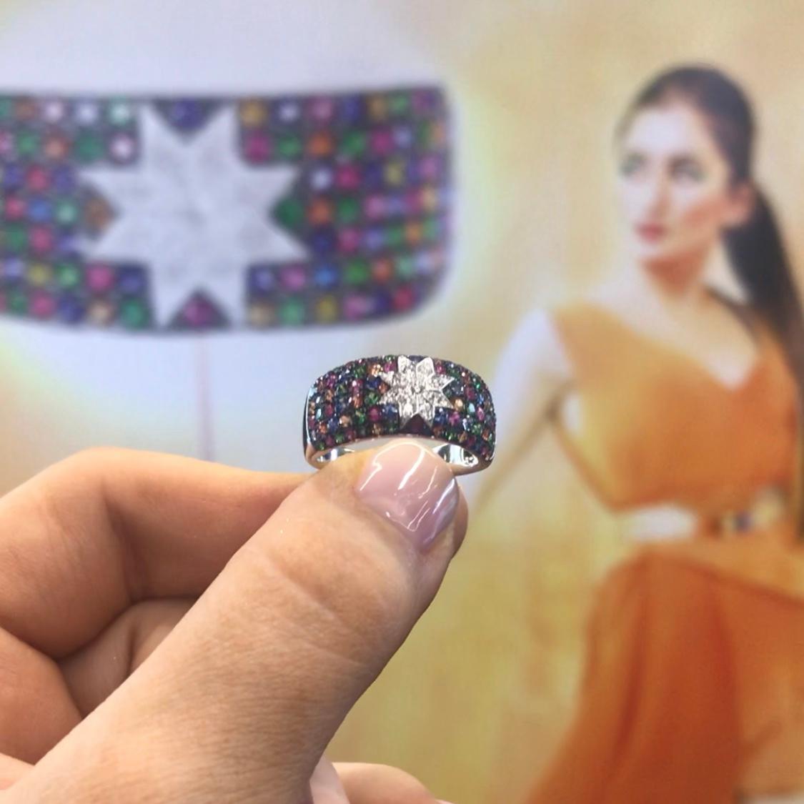 Round Cut Natkina Precious Sapphire Tsavorite Ruby Star Diamond Band Cocktail Ring For Sale
