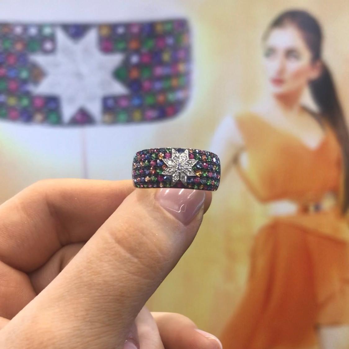 Natkina Precious Sapphire Tsavorite Ruby Star Diamond Band Cocktail Ring In New Condition For Sale In Genève, GE