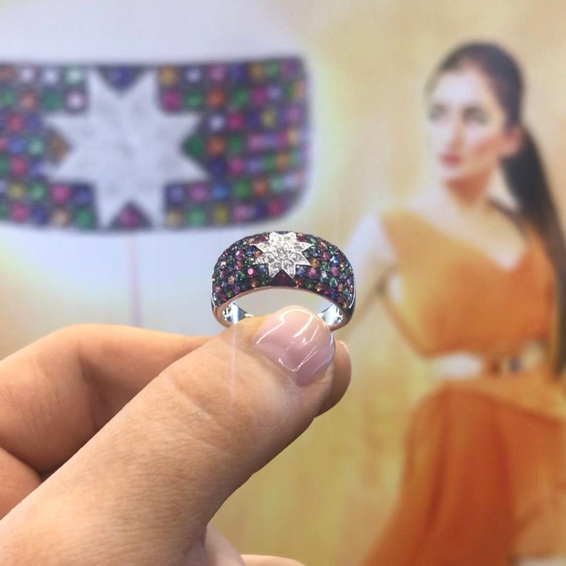 Women's Natkina Precious Sapphire Tsavorite Ruby Star Diamond Band Cocktail Ring For Sale