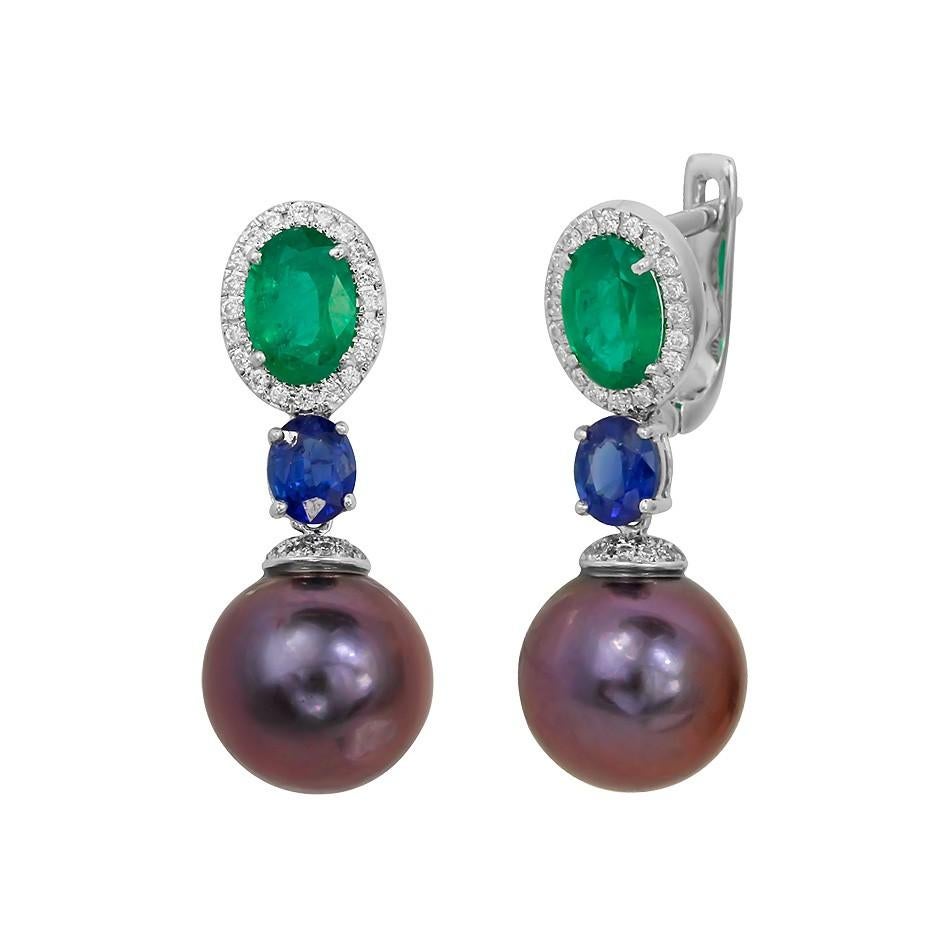 Rare Emerald Sapphire Tahiti Pearl Lever-Back Three-Stone Gold Earrings en vente