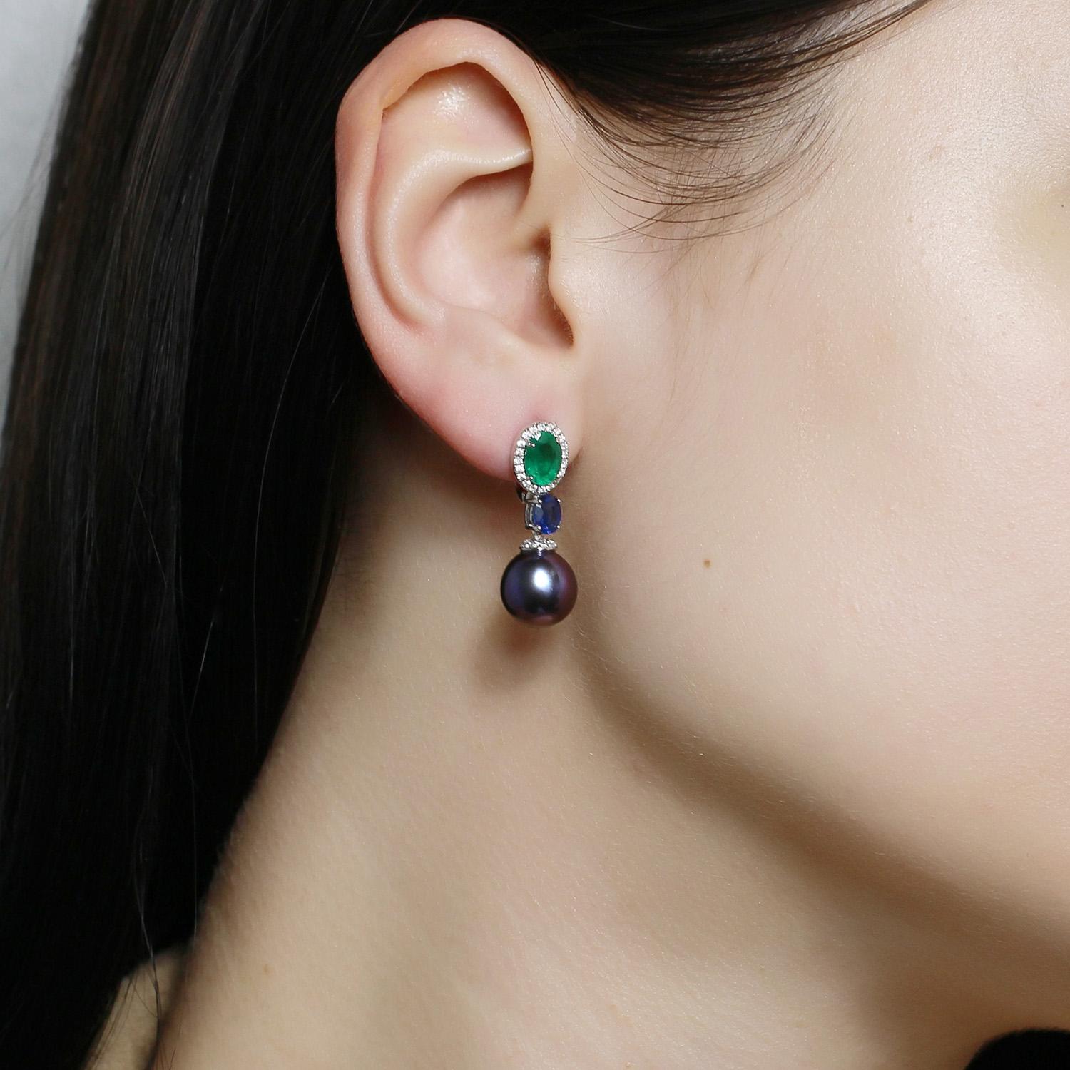 Modern Natkina Rare Emerald Sapphire White Pearl Lever-Back Three-Stone Earrings