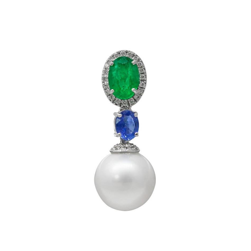 Oval Cut Natkina Rare Emerald Sapphire White Pearl Lever-Back Three-Stone Earrings