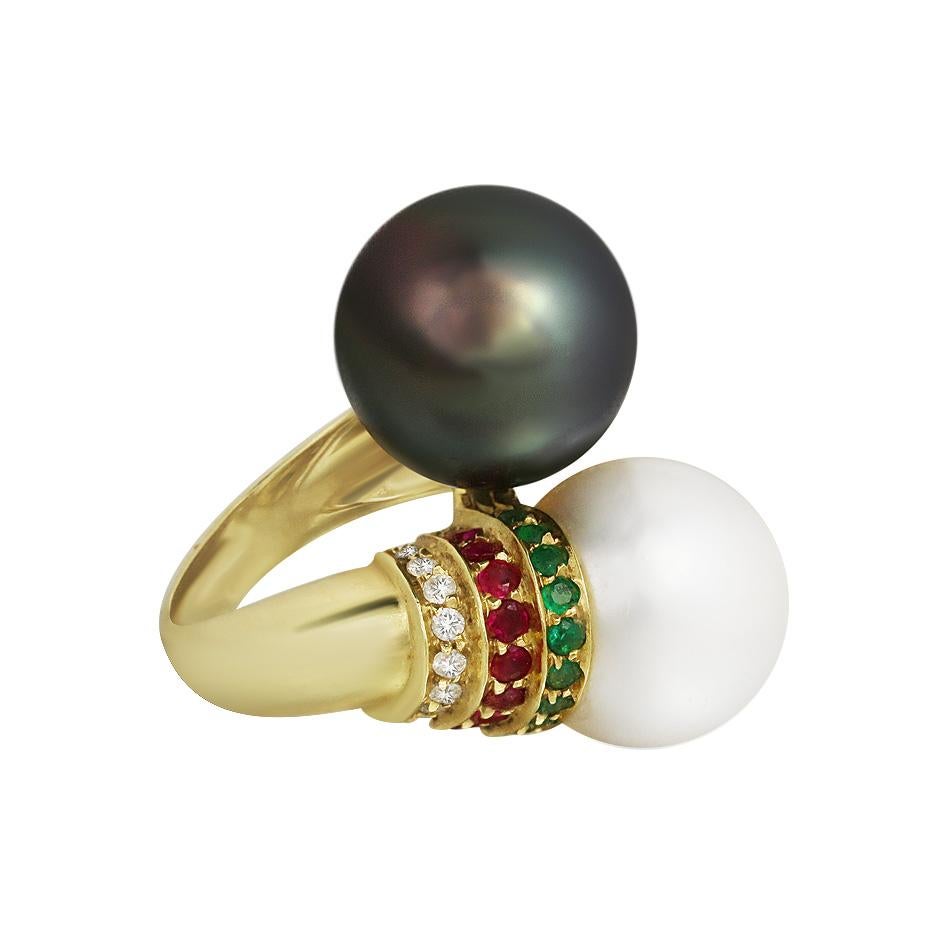 Modern Natkina Tahiti and White Pearl Emerald Ruby Diamond 18 Karat Yellow Gold Ring For Sale