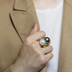 Natkina Tahiti and White Pearl Emerald Ruby Diamond 18 Karat Yellow Gold Ring