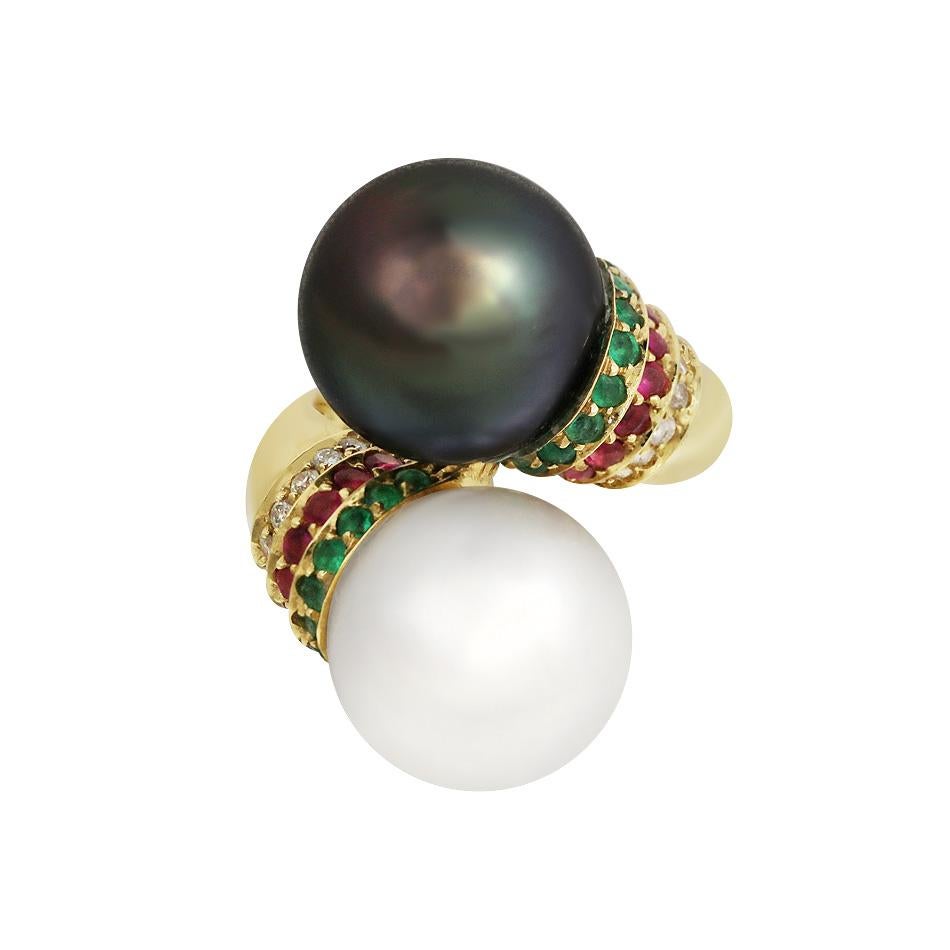 Round Cut Natkina Tahiti and White Pearl Emerald Ruby Diamond 18 Karat Yellow Gold Ring For Sale