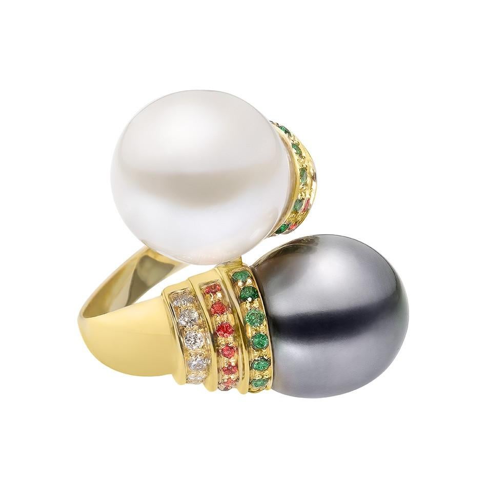 Natkina Tahiti and White Pearl Emerald Ruby Diamond 18 Karat Yellow Gold Ring