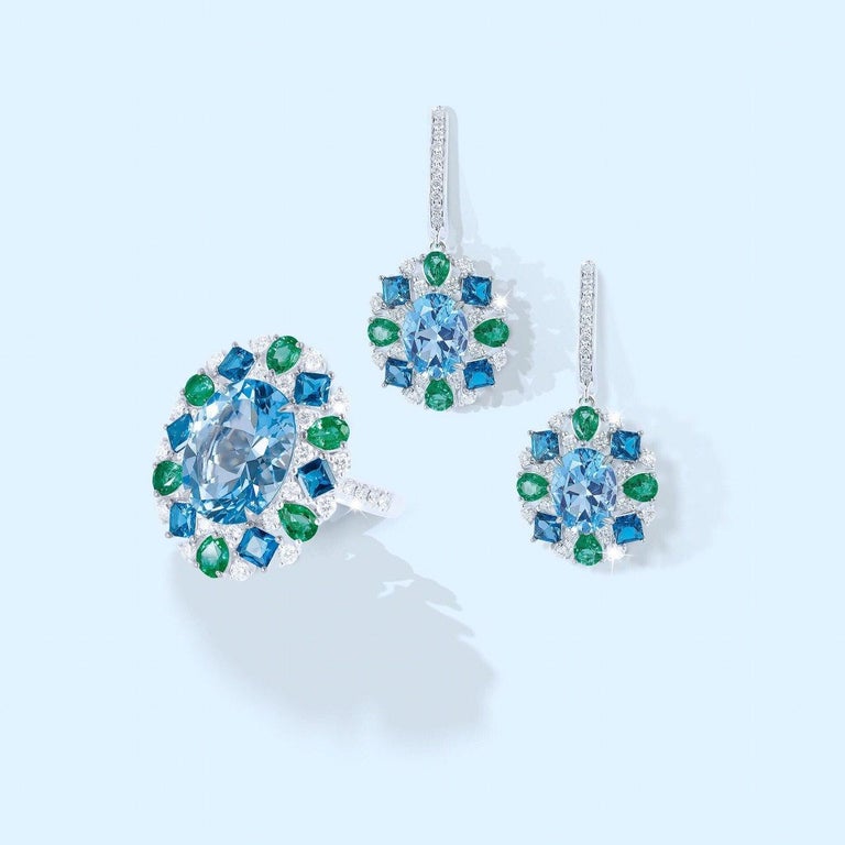 Modern Natkina Three-Stone Diamond Blue Topaz Rare Emerald 18 Karat White Gold Ring For Sale