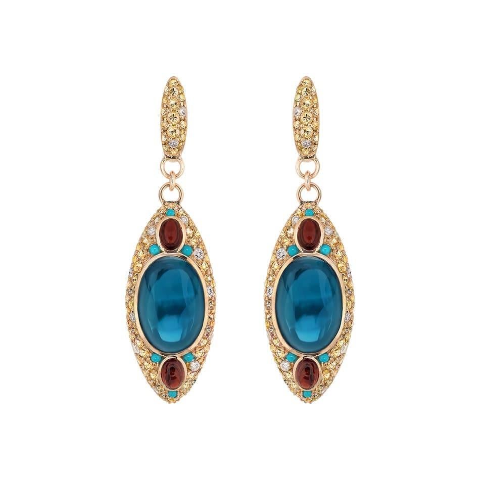 Ukrainian Collection Sapphire Topaz Garnet Diamond 18 Karat Gold Earrings For Sale