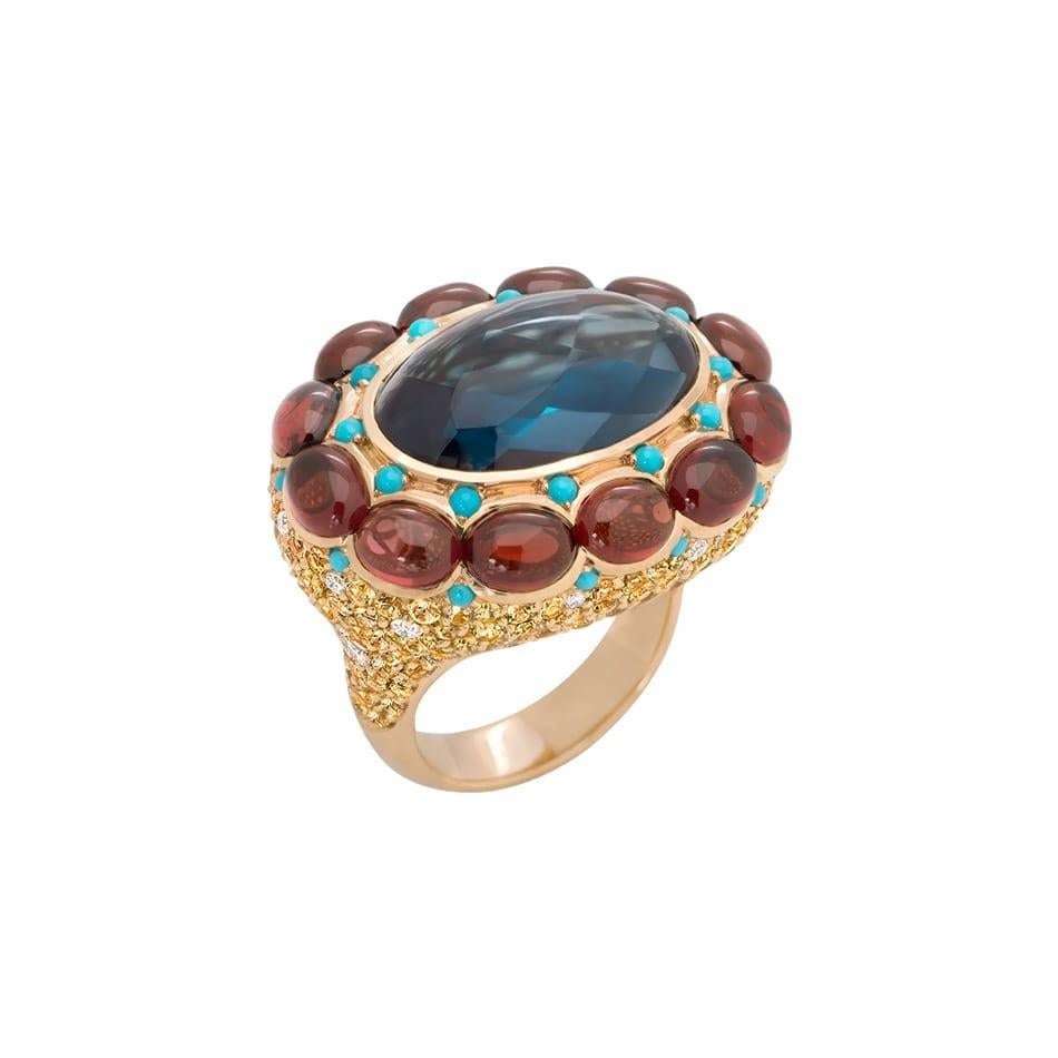 Ukrainian Collection Sapphire Topaz Garnet Diamond 18 Karat Gold Ring