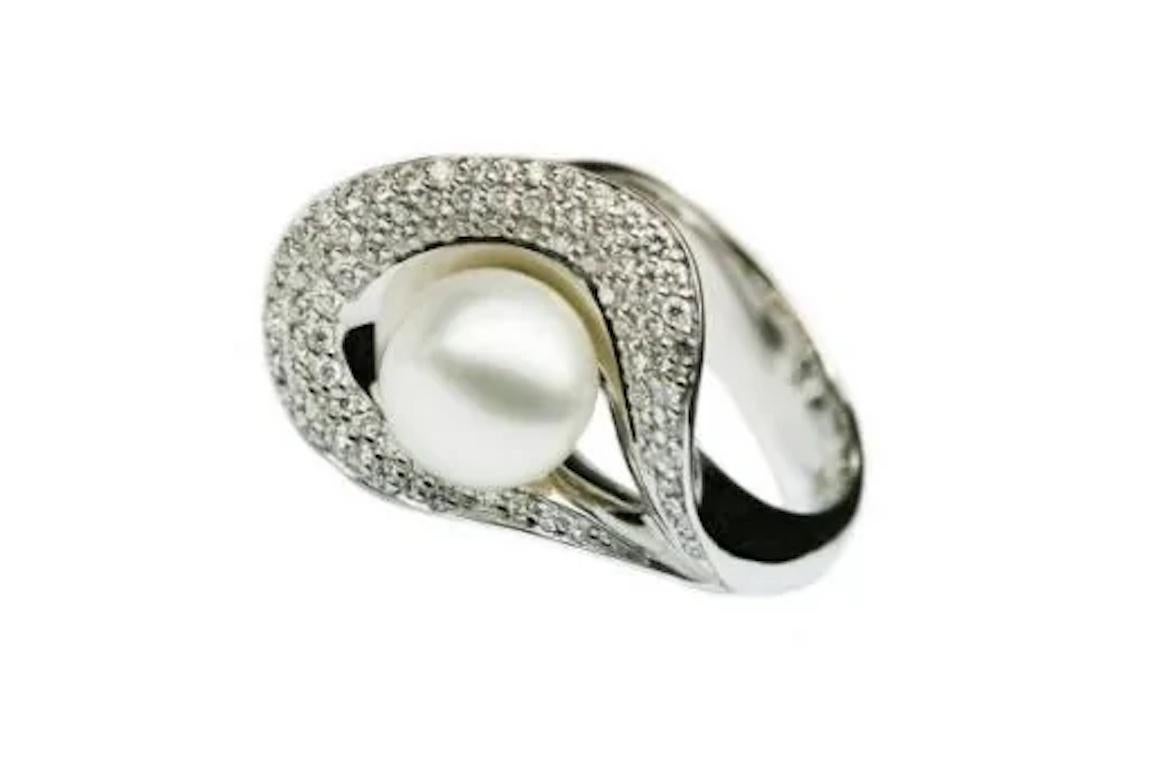Modern Natkina White Pearl Emerald Ruby Diamond White Gold Ring For Her For Sale