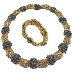 Vintage Natori 1980s Gold with Black Enamel Abstract Necklace & Bracelet