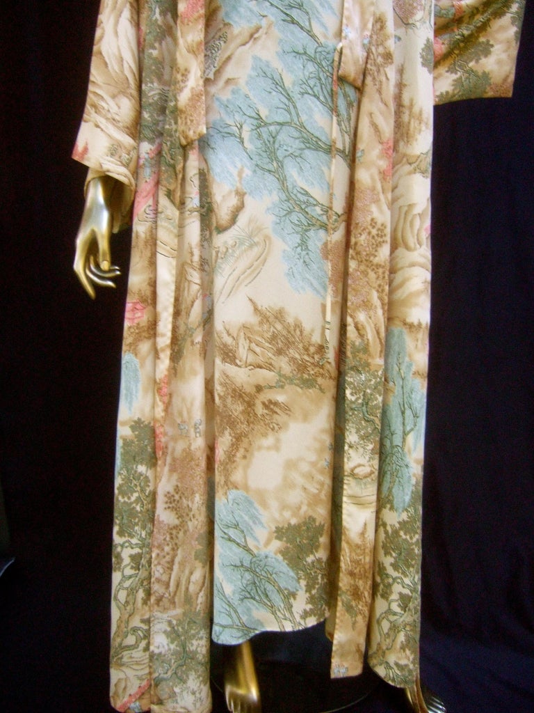 Natori Asian Print Peignoir Duster Robe & Slip Gown Ensemble Circa 1990s
