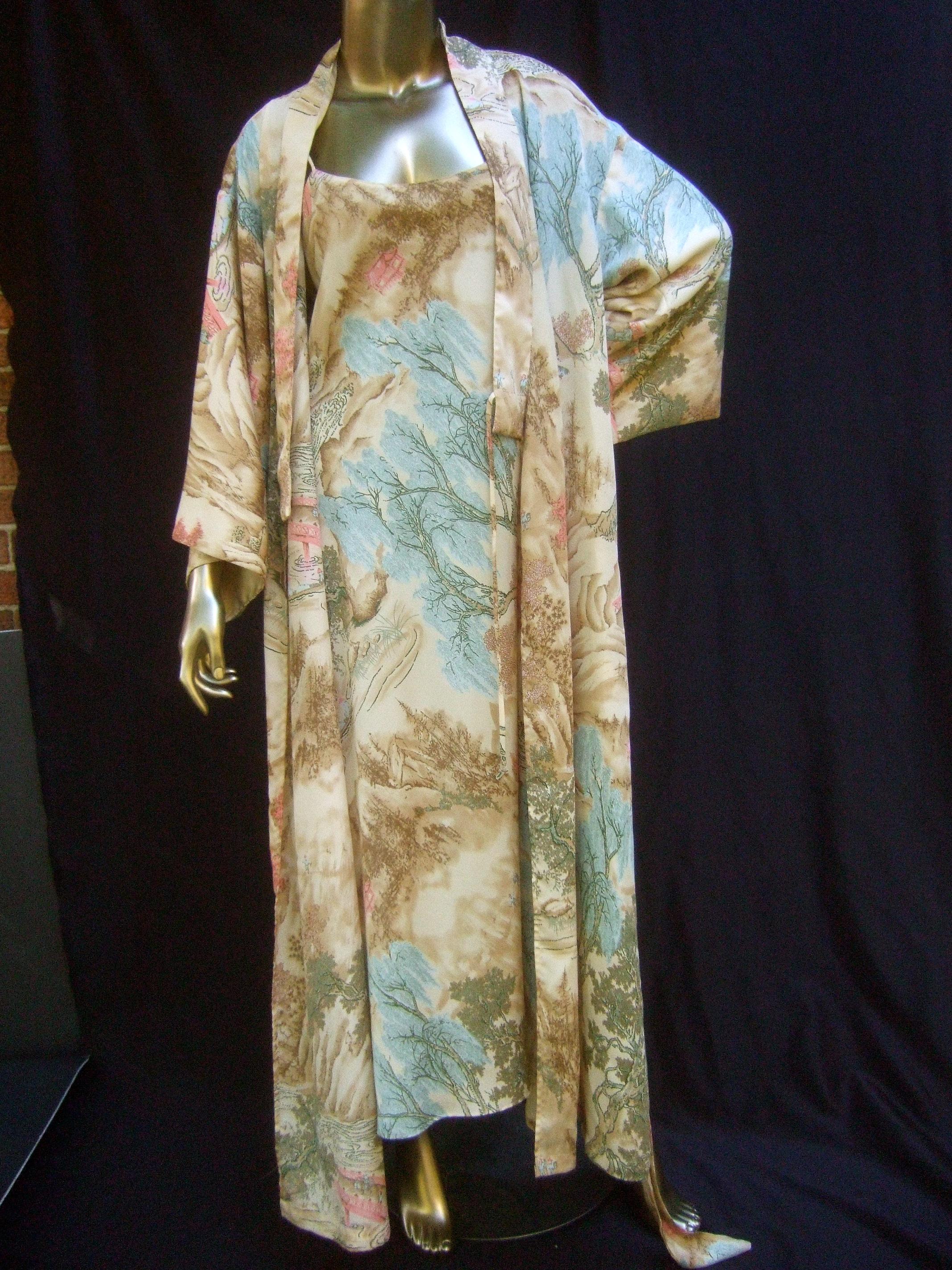 Natori Asian Print Peignoir Duster Robe & Slip Gown Ensemble  circa 1990s For Sale 10
