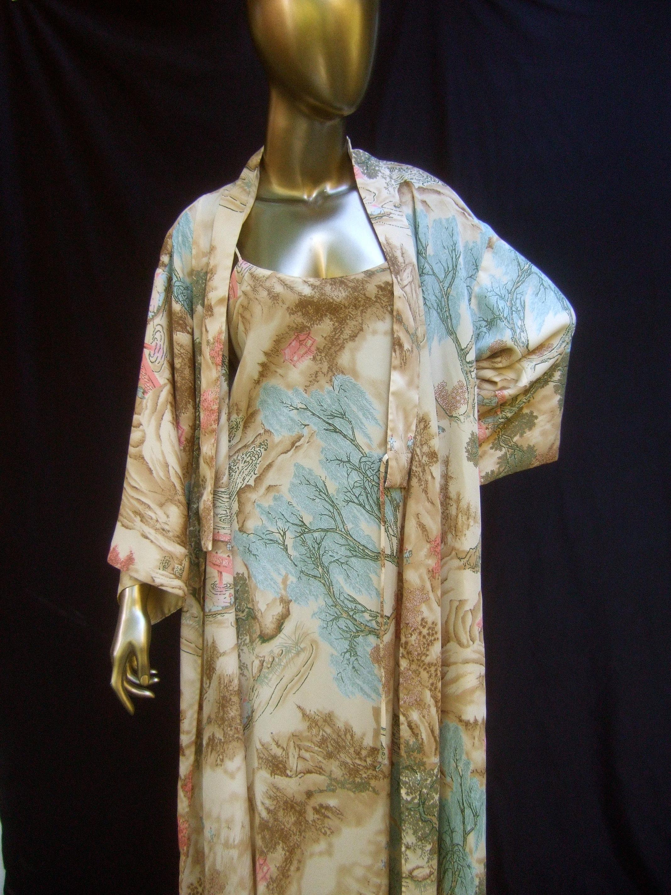 Natori Asian Print Peignoir Duster Robe & Slip Gown Ensemble  circa 1990s For Sale 11