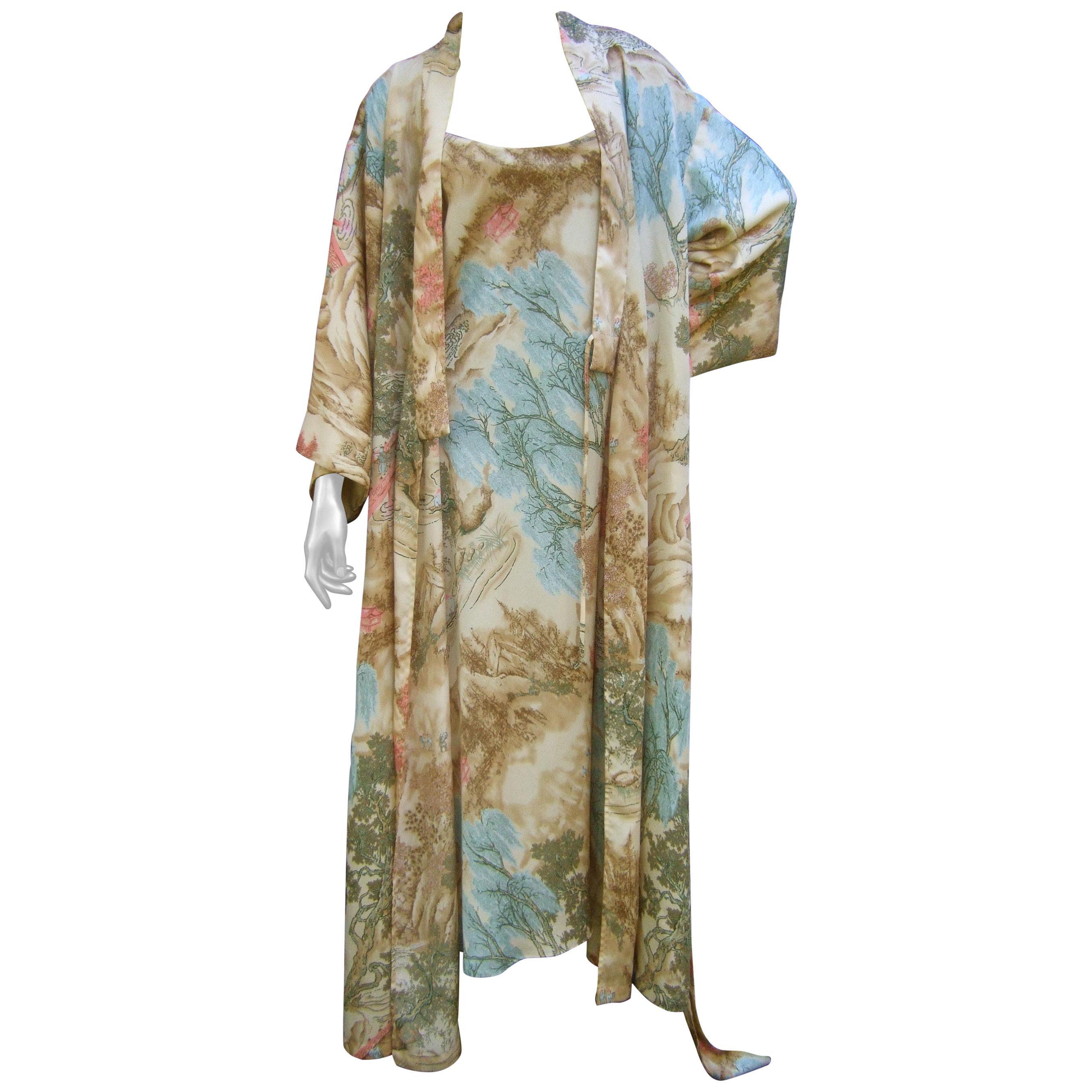 Natori Asian Print Peignoir Duster Robe & Slip Gown Ensemble  circa 1990s
