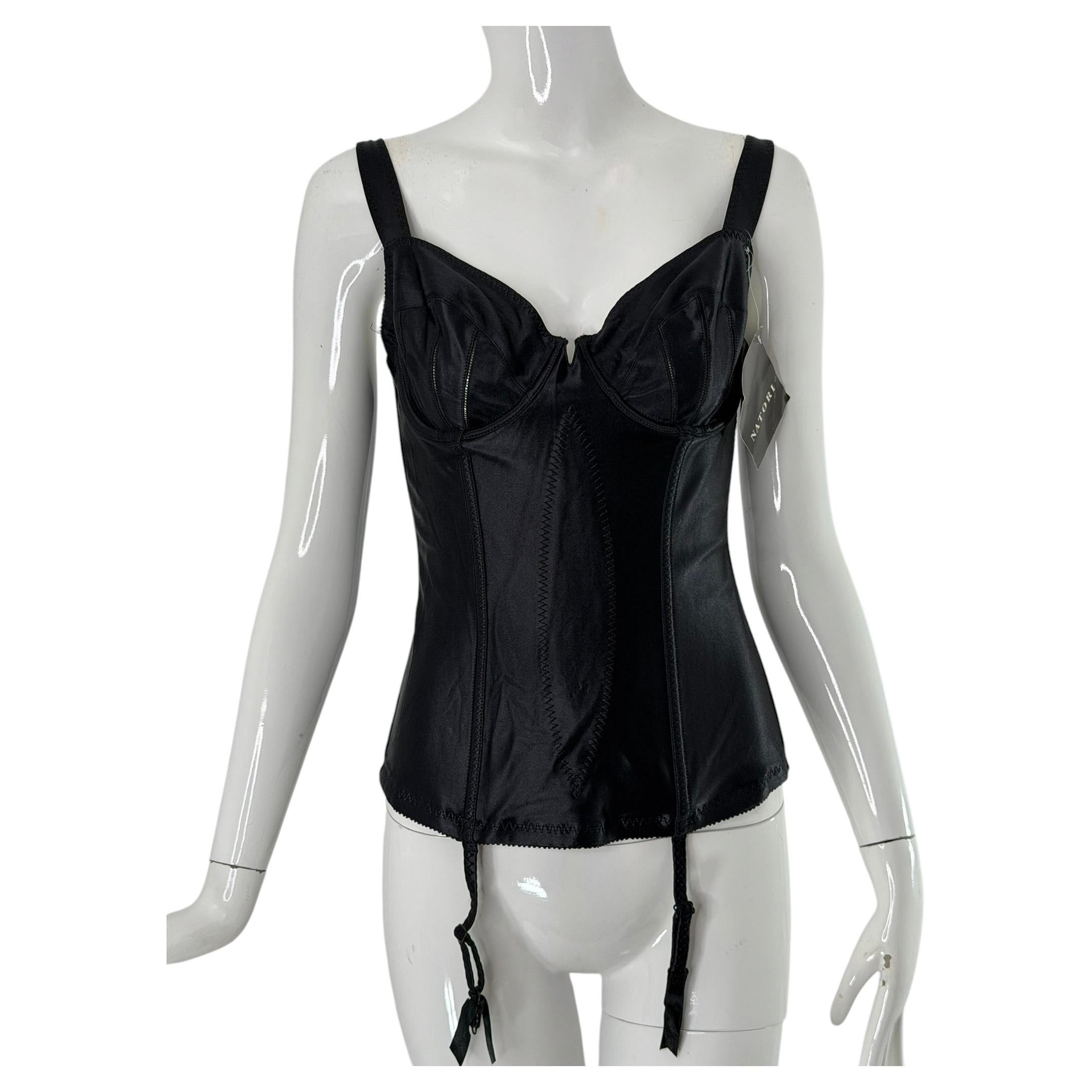 Corsé de satén negro de Natori con ligas, talla 36C, sin estrenar y con las etiquetas, de los años 90