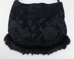 Natori Embroidered Black Suede & Faux Fur Handbag With Pagoda Handle