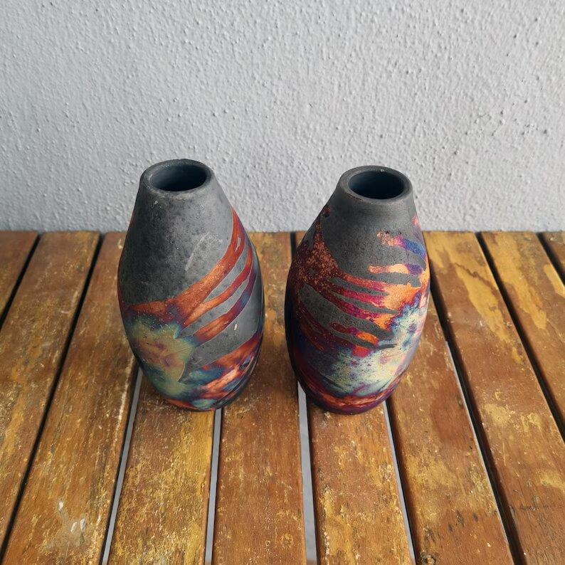 Modern Natsu 2 Pack Raku Pottery Vase - Carbon Copper - Handmade Ceramic Home Decor