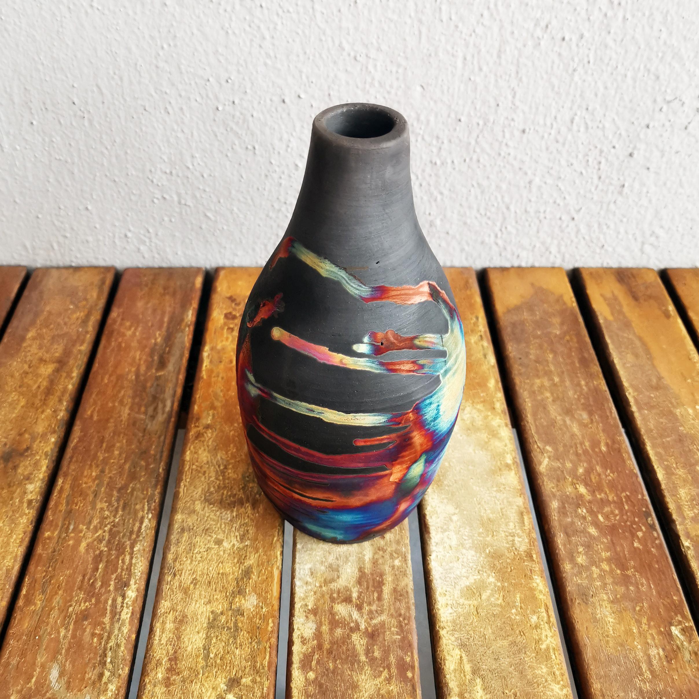 Modern Natsu Raku Pottery Vase - Carbon Copper - Handmade Ceramic Home Decor Gift