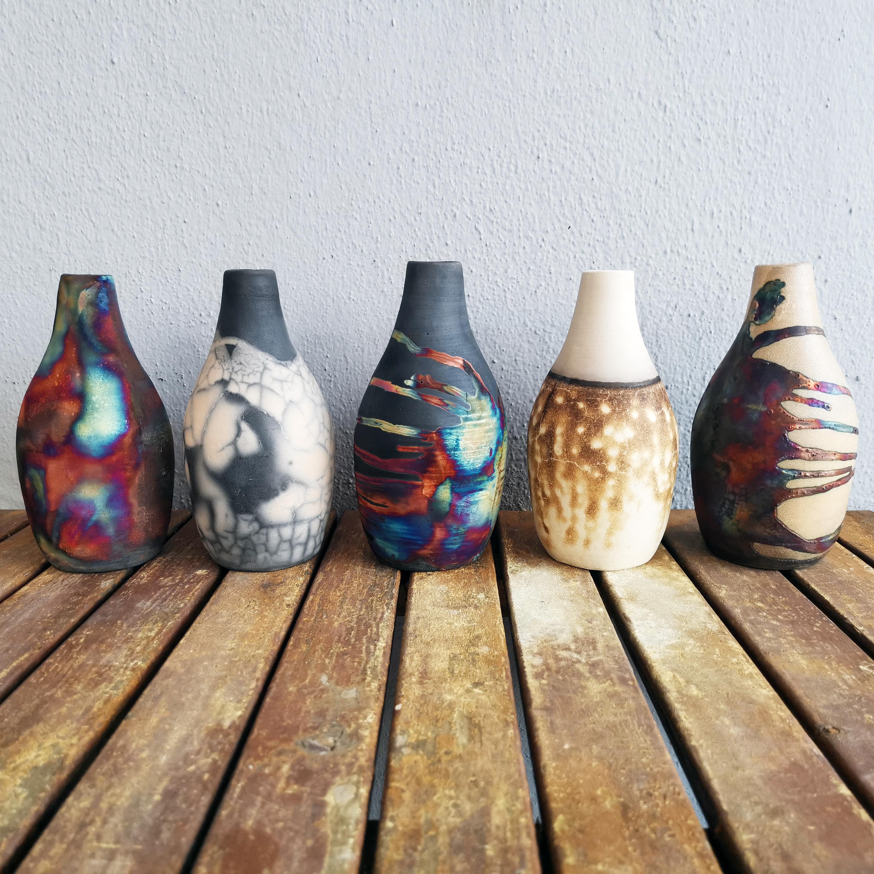 Malaysian Natsu Raku Pottery Vase - Carbon Copper - Handmade Ceramic Home Decor Gift