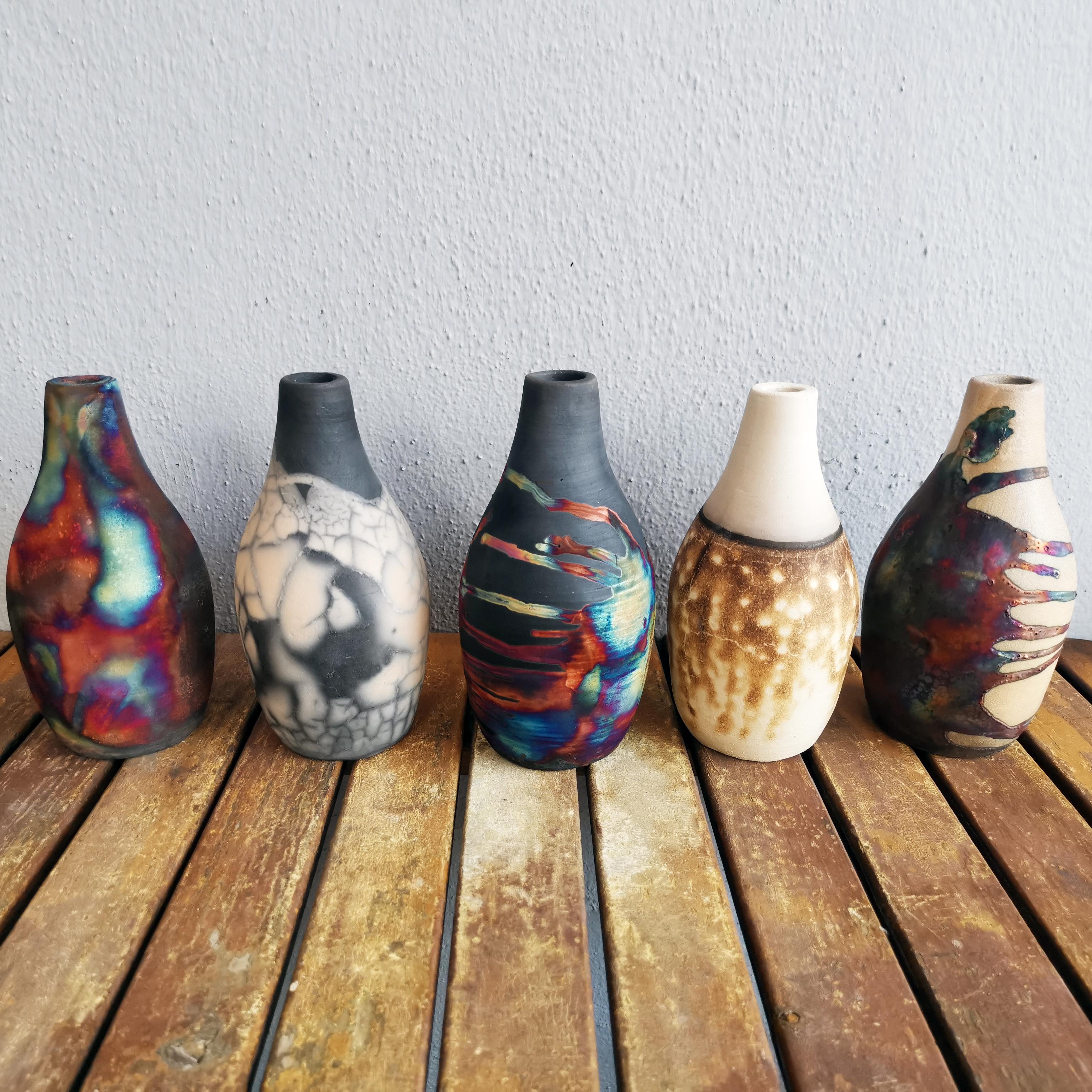 Glazed Natsu Raku Pottery Vase - Carbon Copper - Handmade Ceramic Home Decor Gift