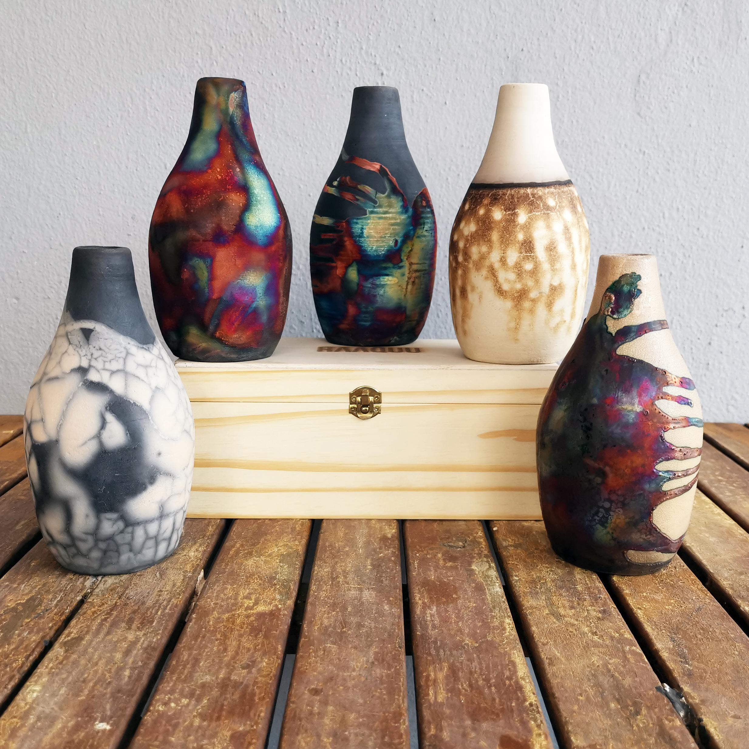 Modern Natsu Raku Pottery Vase with Gift Box - Carbon Copper - Handmade Ceramic