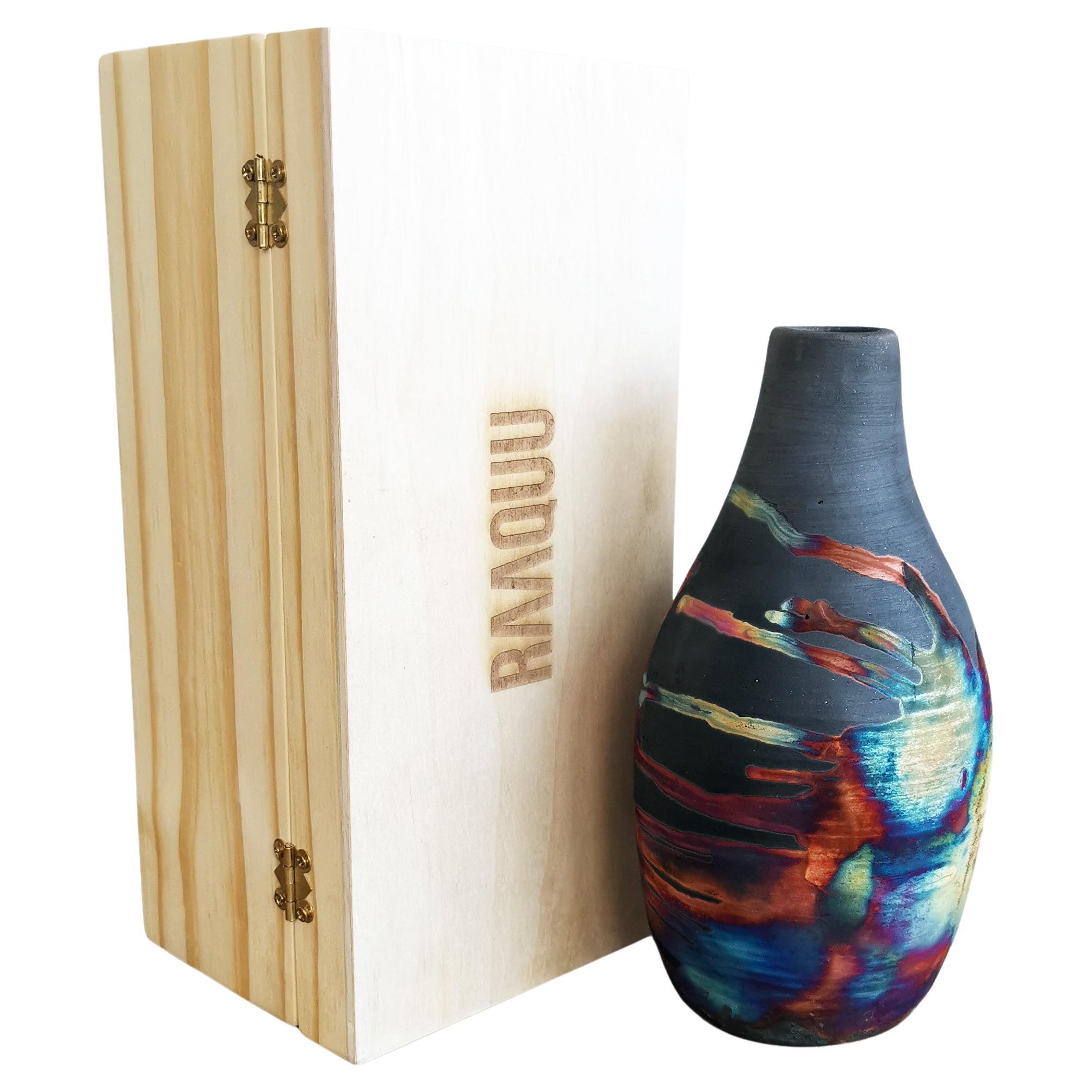Natsu Raku Pottery Vase with Gift Box - Carbon Copper - Handmade Ceramic