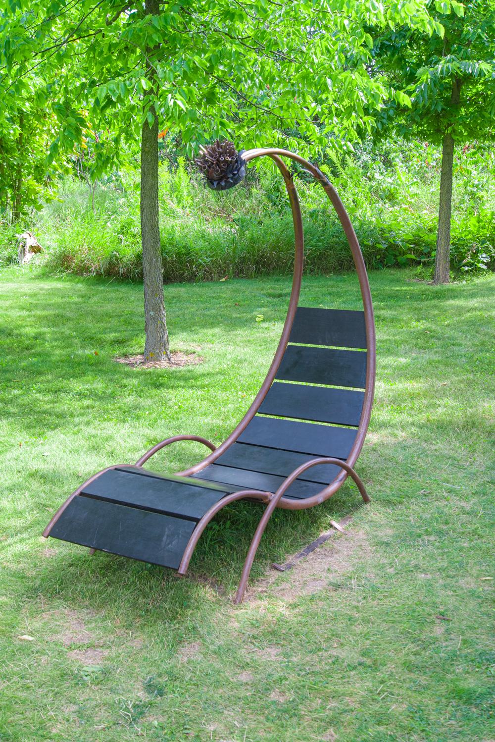 Confession - interactive, abstracted furniture, wood and steel outdoor sculpture - Sculpture by Natsuki Takauji