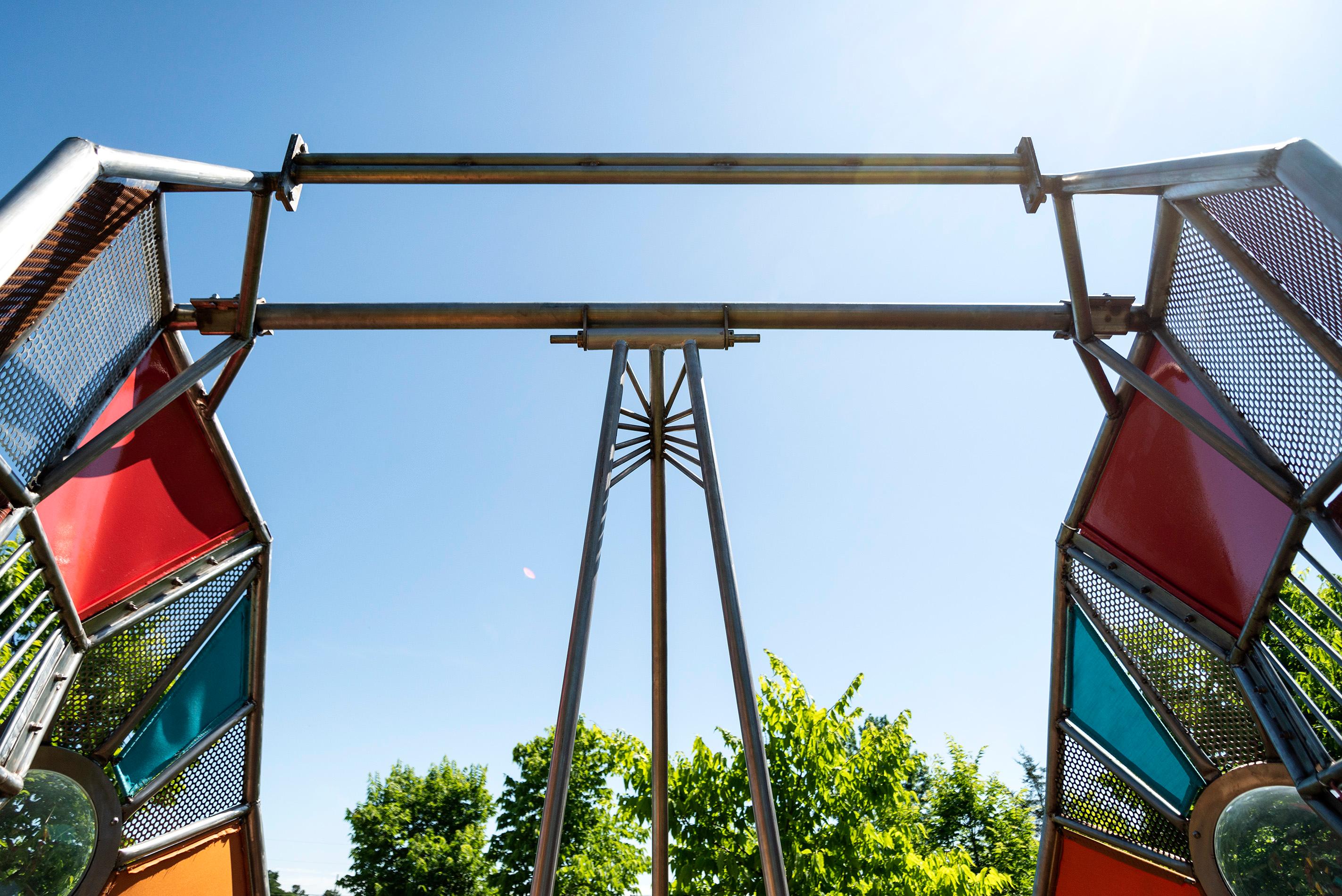 Window II - interactive swing, abstract, wood, steel, acrylic, outdoor sculpture For Sale 2