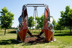 Sculpture d'extérieur Window II - swing interactif, abstrait, bois, acier, acrylique