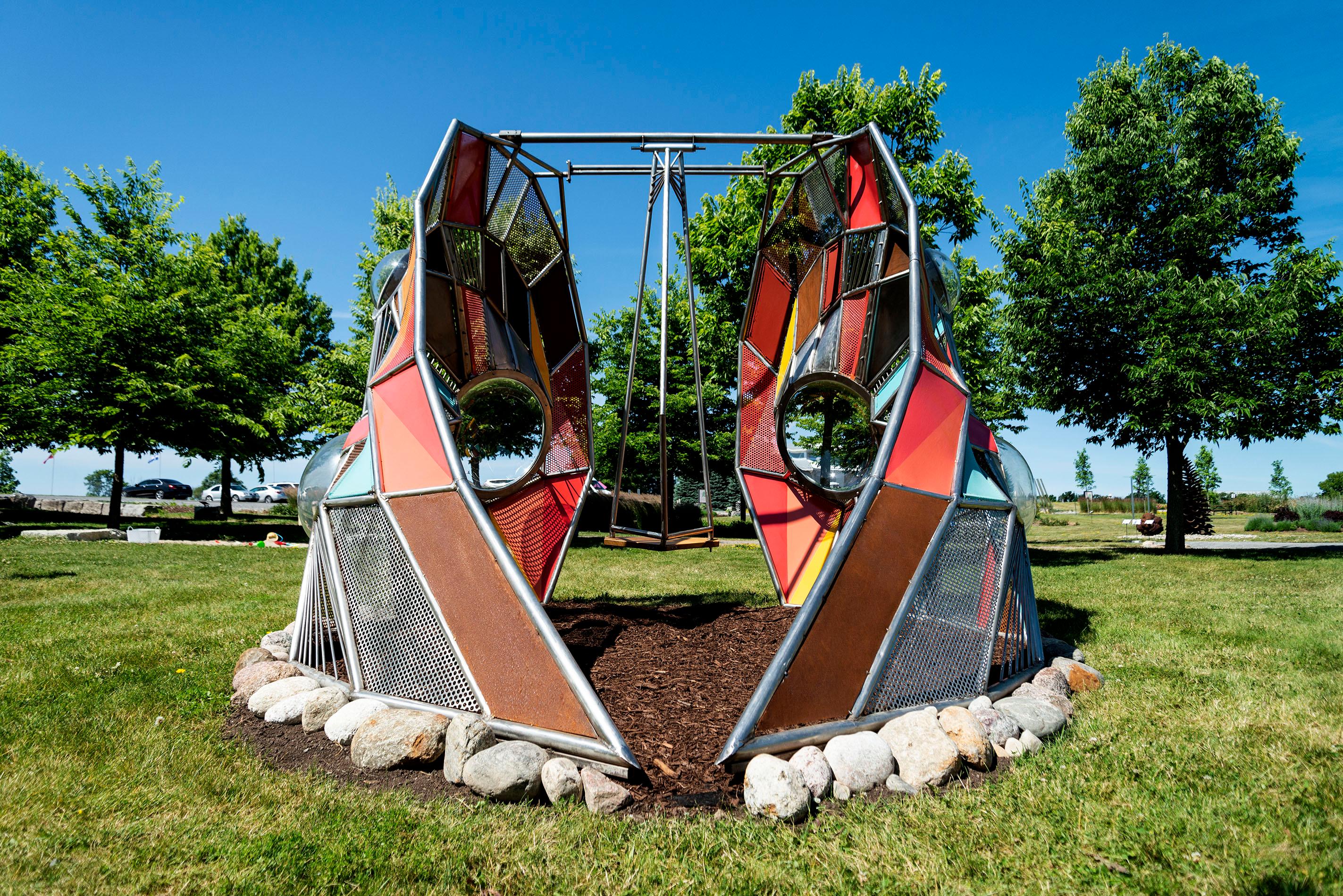 Window II - interactive swing, abstract, wood, steel, acrylic, outdoor sculpture - Contemporary Sculpture by Natsuki Takauji