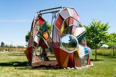 Used Window II - interactive swing, abstract, wood, steel, acrylic, outdoor sculpture