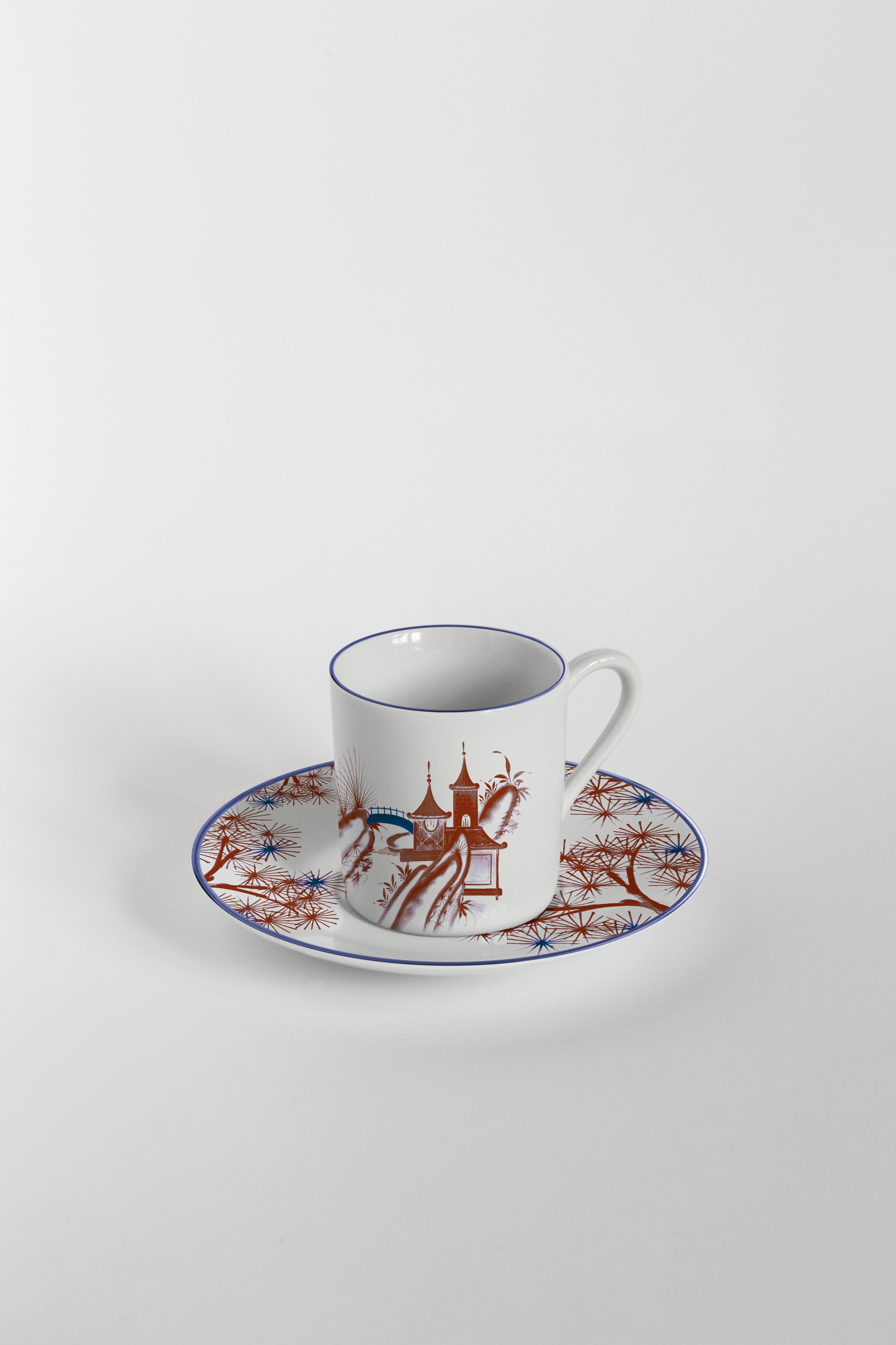 Bordeaux and blue are the primary colors of this Japan inspired collection of plates, where ancient Japanese scenes take place on the rivers of a fairy lake.
Coffee set with 6 coffee cups and plates.