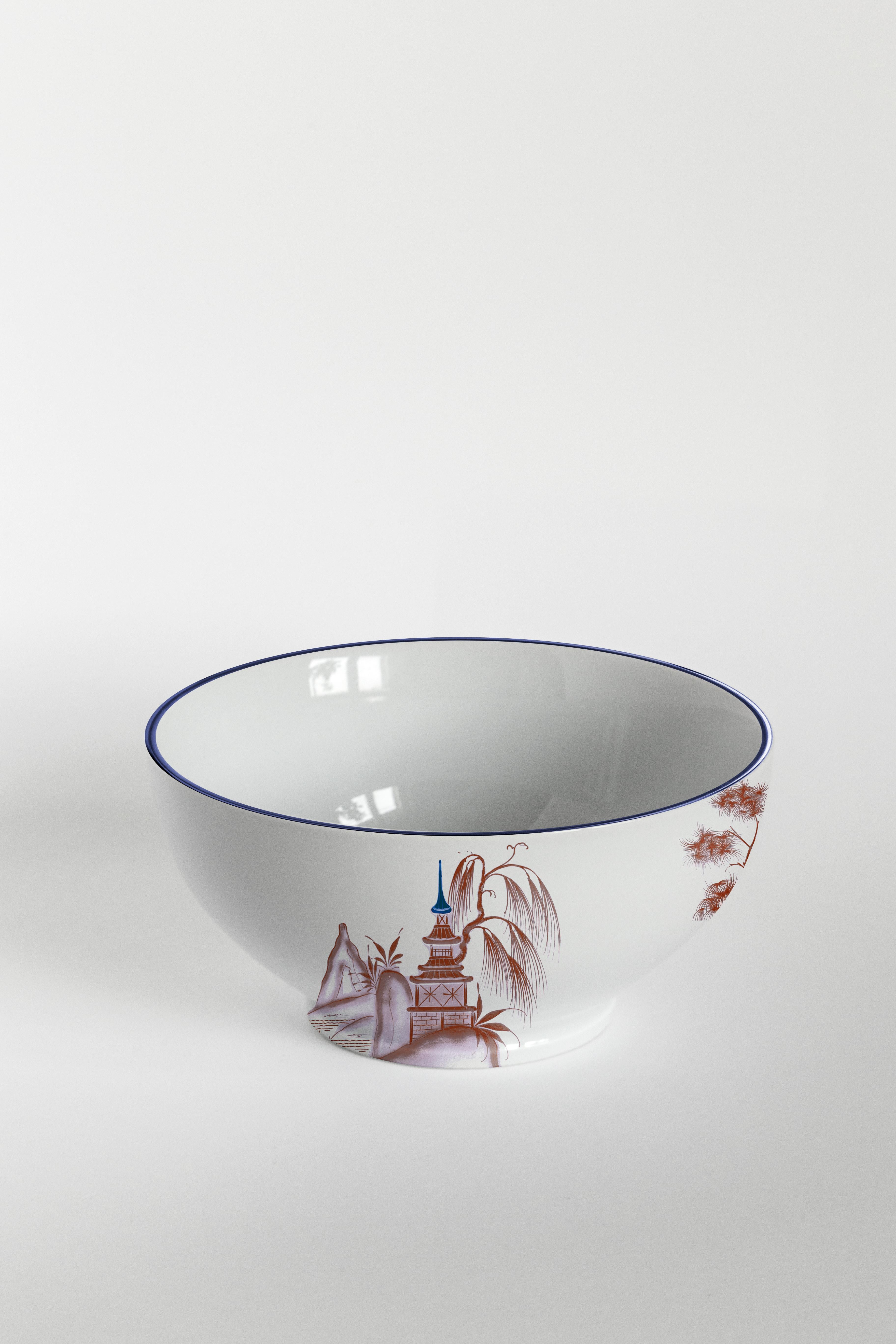 Bordeaux and blue are the primary colors of this Japan inspired collection of plates, where ancient Japanese scenes take place on the rivers of a fairy lake.
6 bowls.