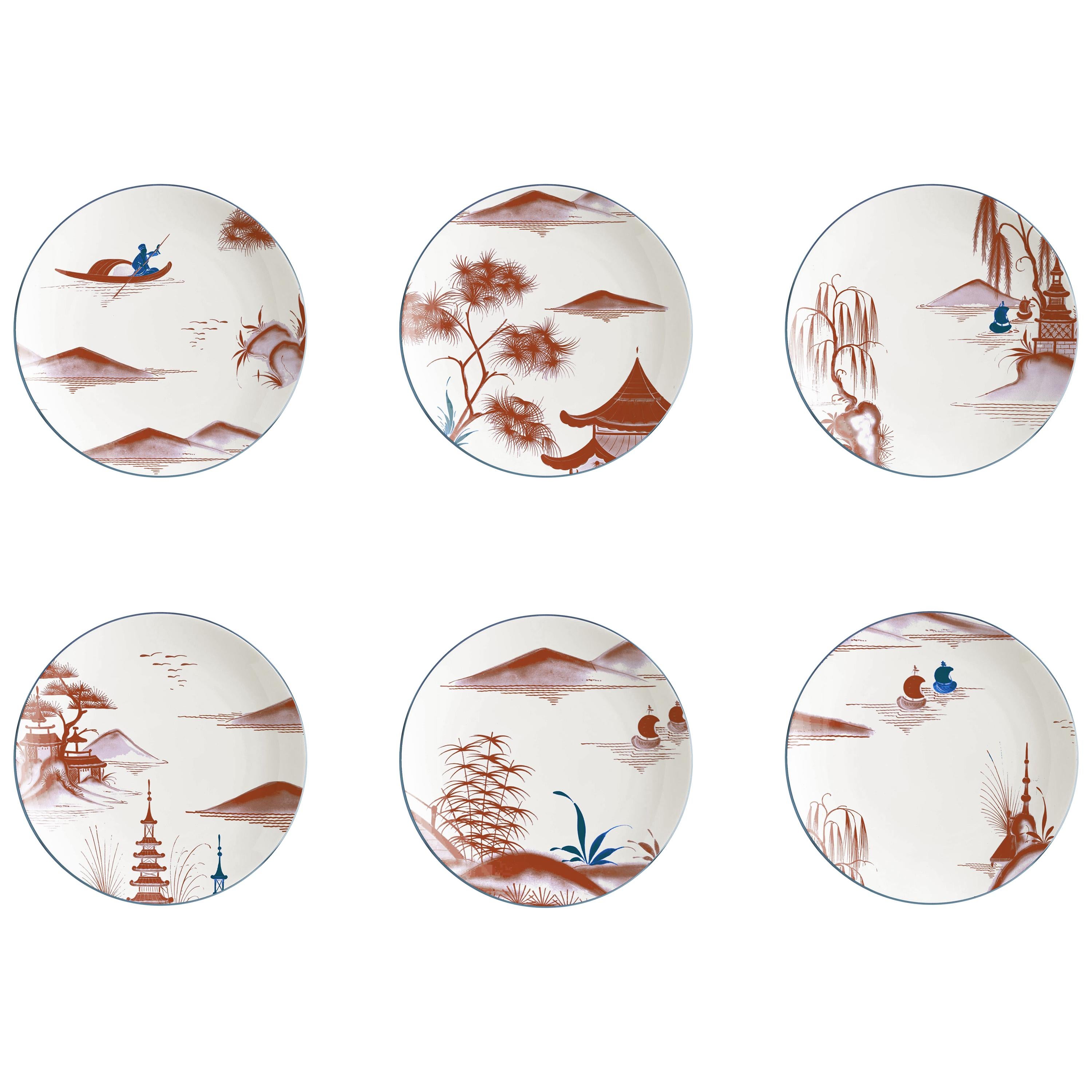 Natsumi, Six Contemporary Porcelain Bread Plates with Decorative Design For Sale