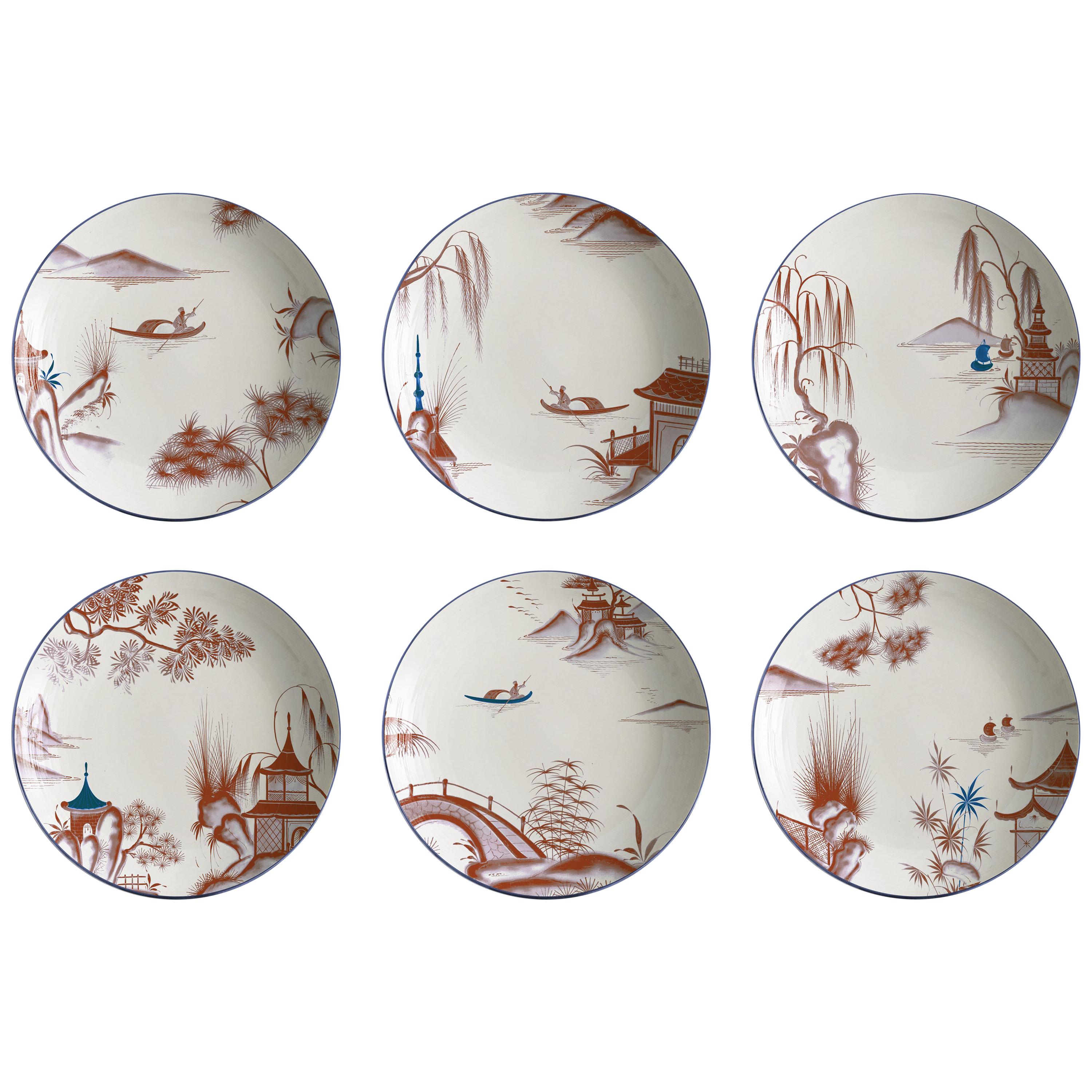 Natsumi, Six Contemporary Porcelain Soup Plates with Decorative Design