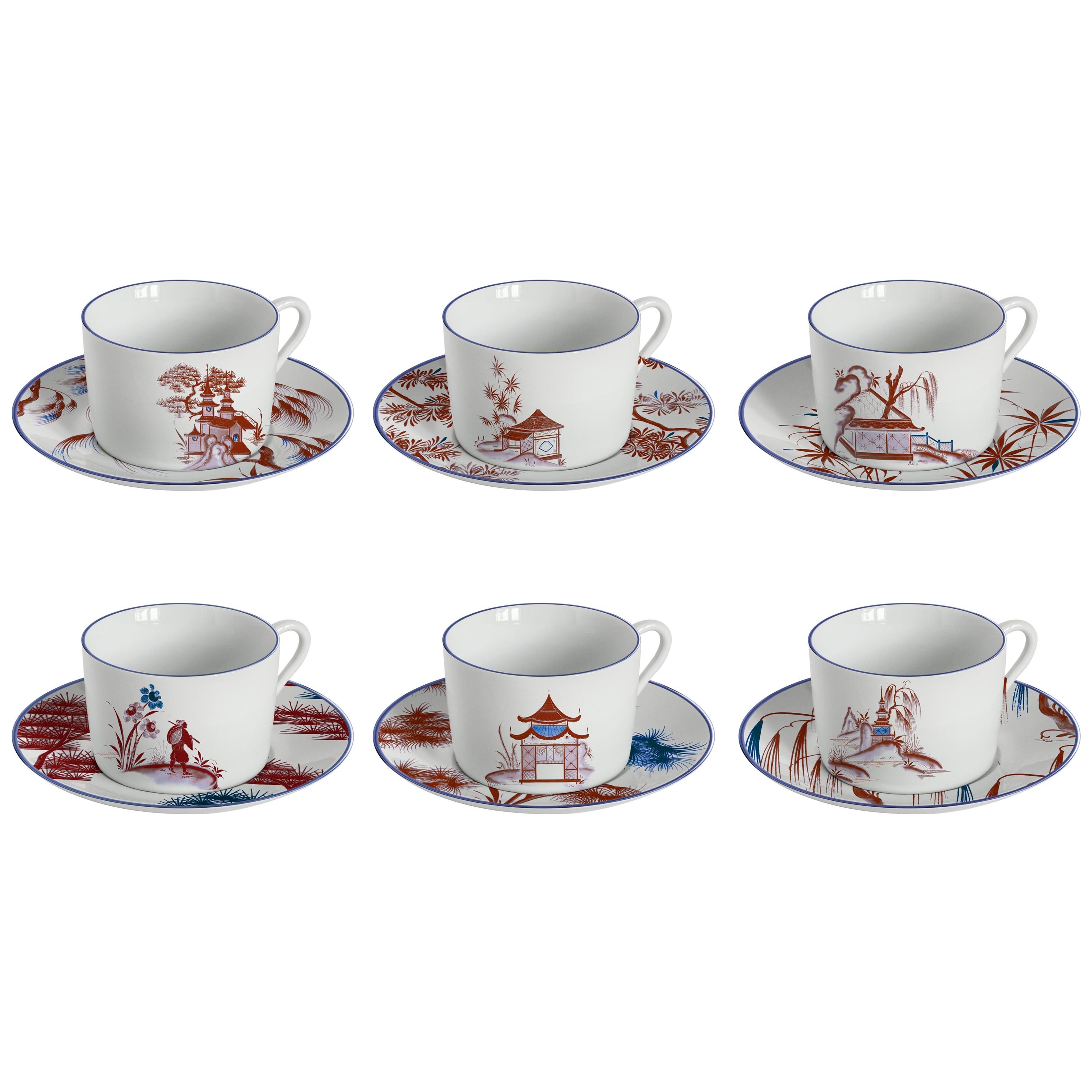 Natsumi, Tea Set with Six Contemporary Porcelains with Decorative Design For Sale