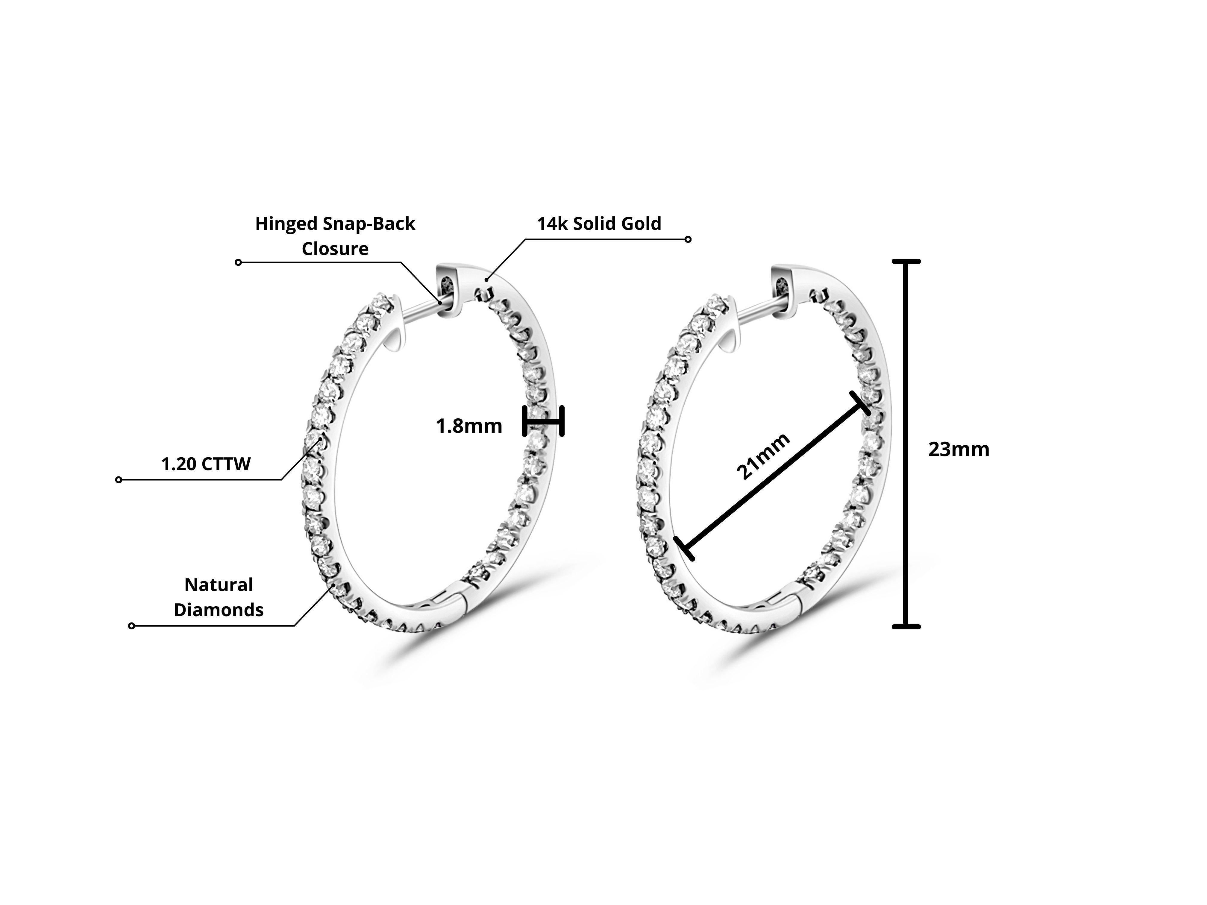 Contemporary Natual 1.2 Carat Diamond Inside-Out Hoop Earrings in 14K Gold For Sale