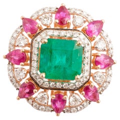 Natual emerald ruby diamond ring in 18k gold