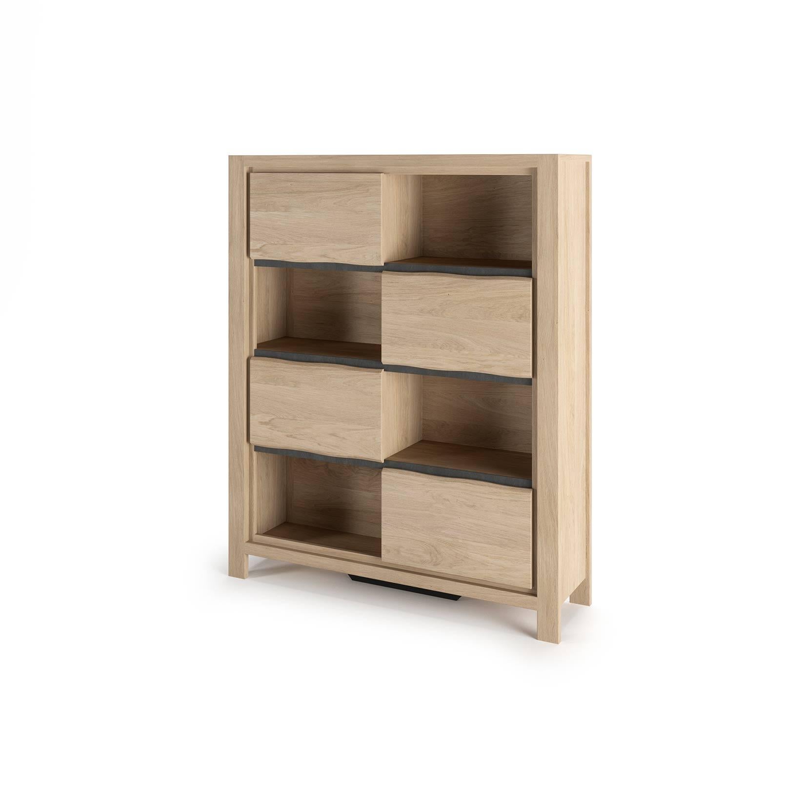 Library w/ 4 Doors and 4 Niches.

- Frame: 
19mm Solid oak wood: Plumbs and Tray Gridles 
Particleboard with 0.9mm oak veneer: Top, Bottom and Girdles
MDF 6mm with 0.9mm oak veneer: Back

- Fronts: 
19mm chipboard with 0.9mm oak veneer: Doors and