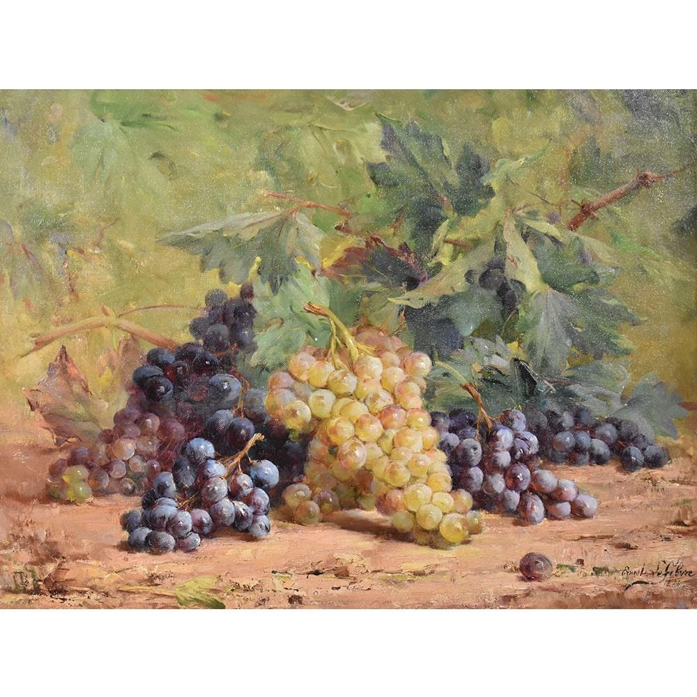 The antique painting, Still Life with Bunch of Grapes offered here is an oil painting on canvas from the second half of the 1800s. 

The antique painting dresses with a beautiful carved and lacquered wood frame of the twentieth century era.

This is