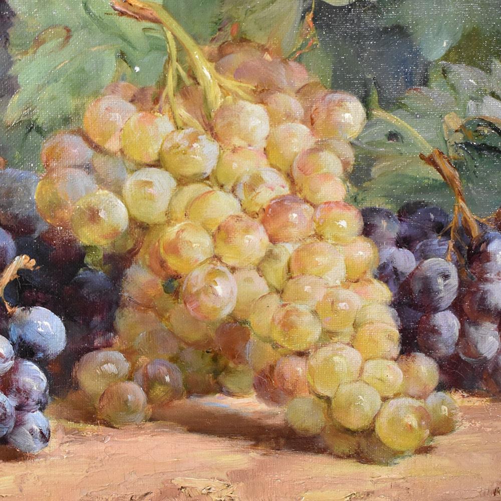 French Antique Still Life, Bunch Of Grapes, Oil On Canvas Painting, Epoch Nineteenth Century. For Sale