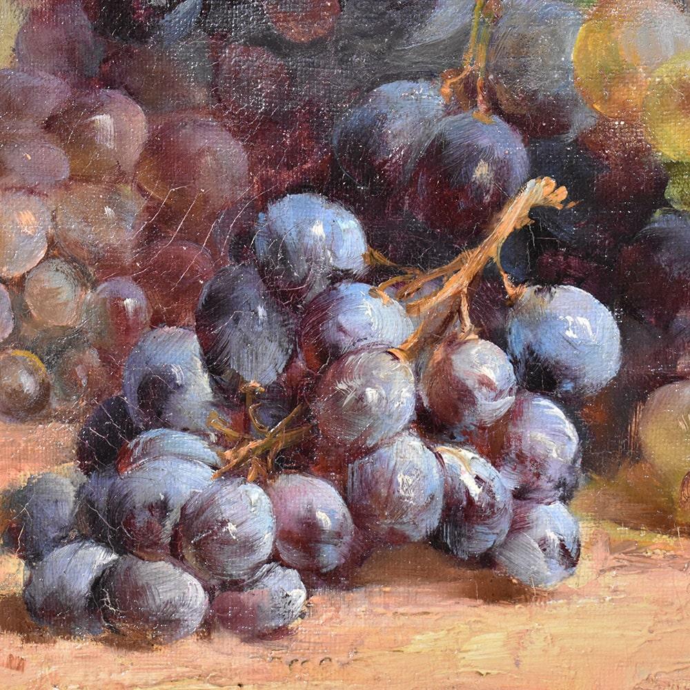 Huilé Nature morte ancienne, raisins, peinture à l'huile sur toile, 19e siècle. en vente