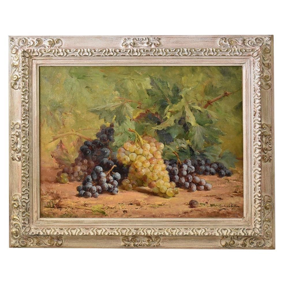 Antique Still Life, Bunch Of Grapes, Oil On Canvas Painting, Epoch Nineteenth Century.