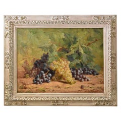 Antique Still Life, Bunch Of Grapes, Oil On Canvas Painting, Epoch Nineteenth Century.